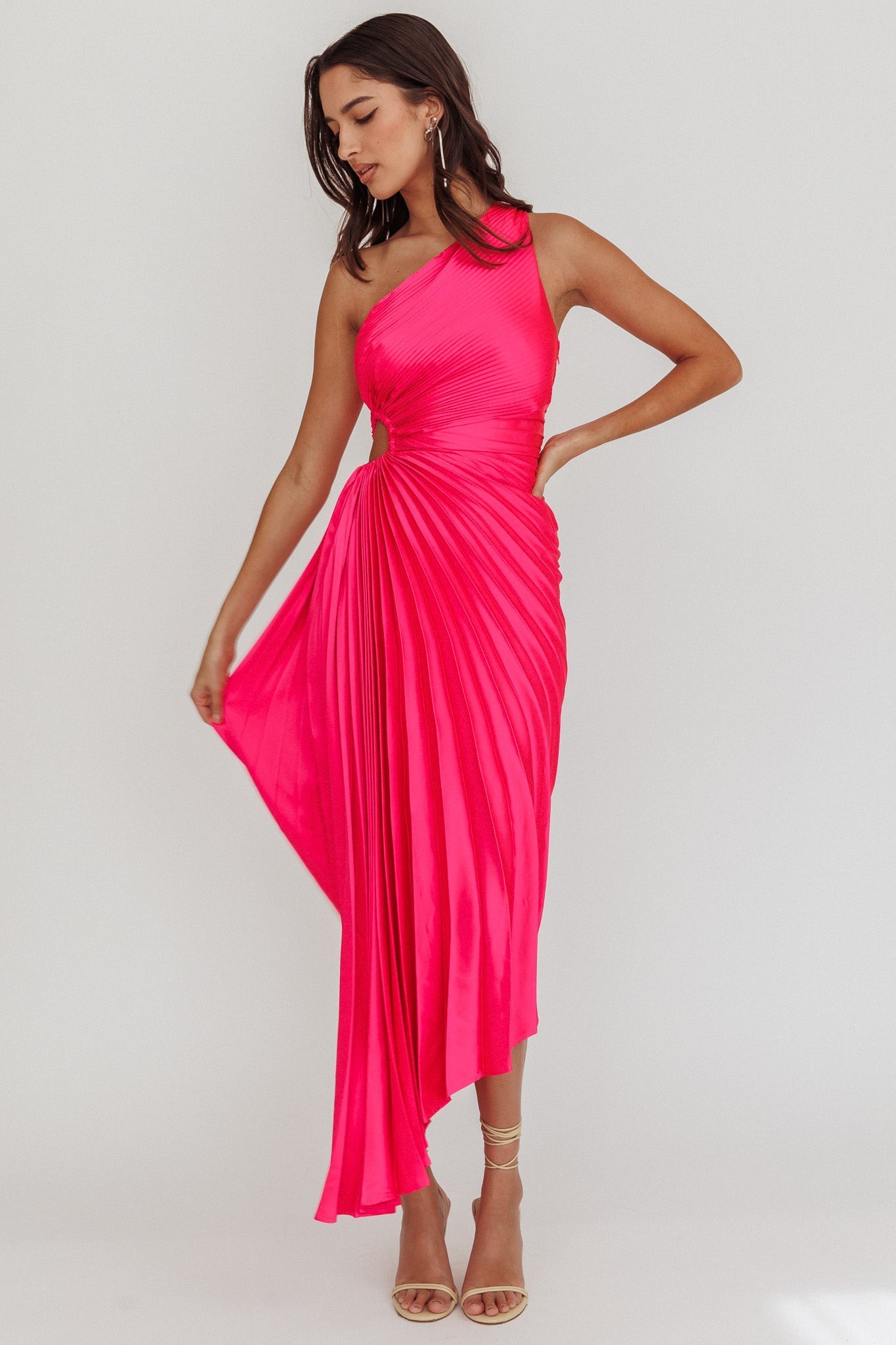Brooklynn One-Shoulder Accordion Pleat Satin Midi Dress Fuchsia