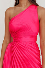 Brooklynn One-Shoulder Accordion Pleat Satin Midi Dress Fuchsia