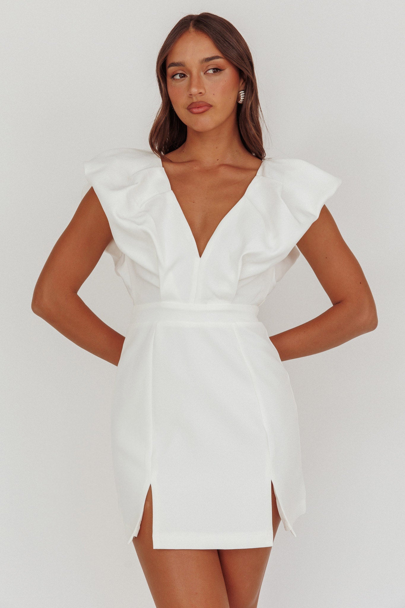 Liardon Bubble Sleeve V-Neckline Mini Dress White