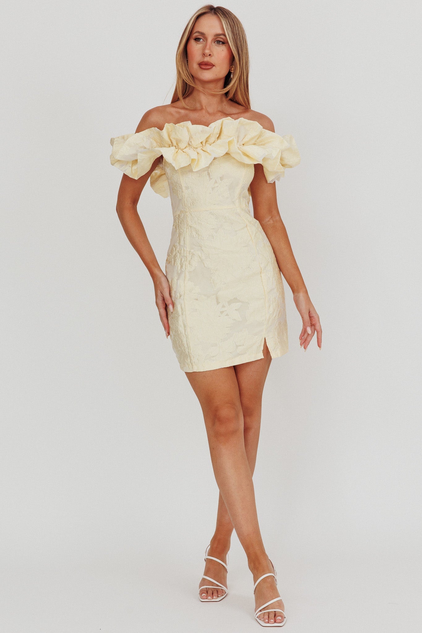 Memoire Off-Shoulder Jacquard Mini Dress Lemon