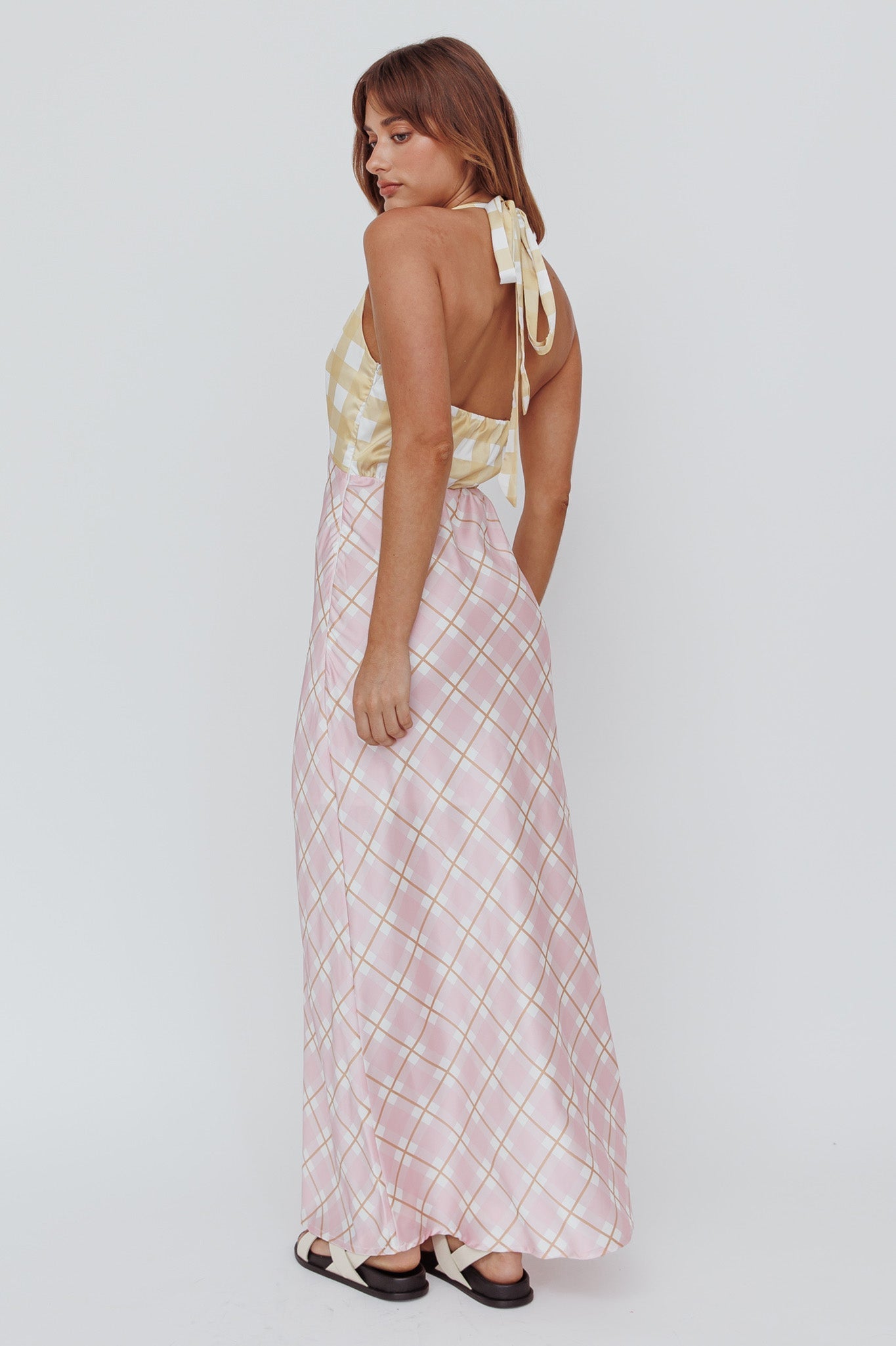 Lavara Halterneck Maxi Dress Checker Pink