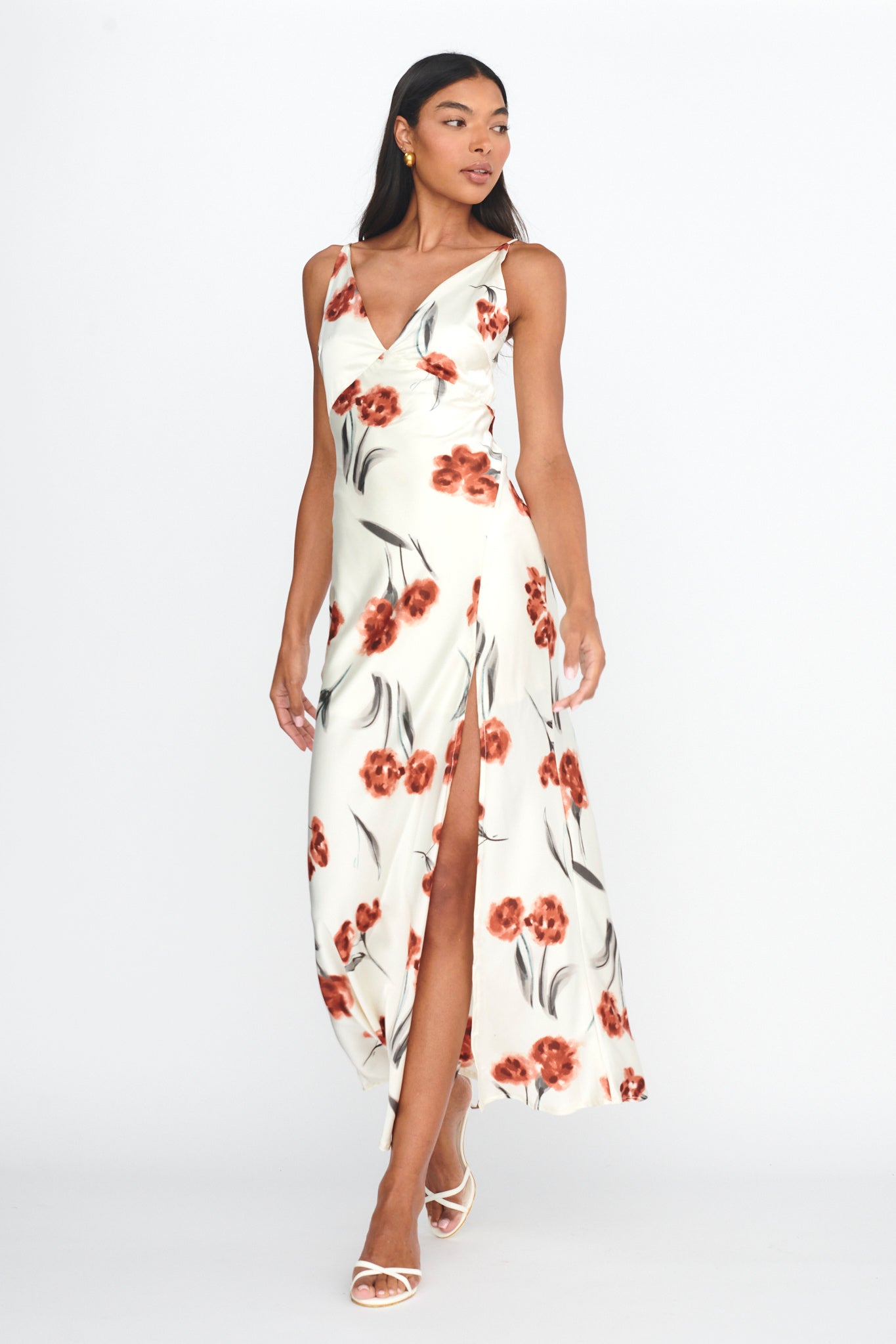 Corinna Tied Waist Split Dress Floral Poppy