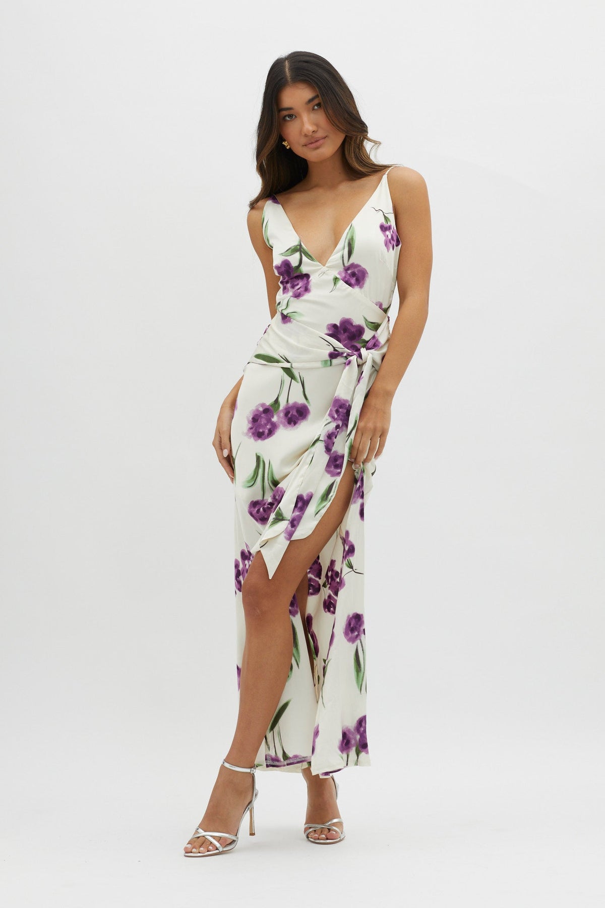 Corinna Tied Waist Split Dress Floral Purple