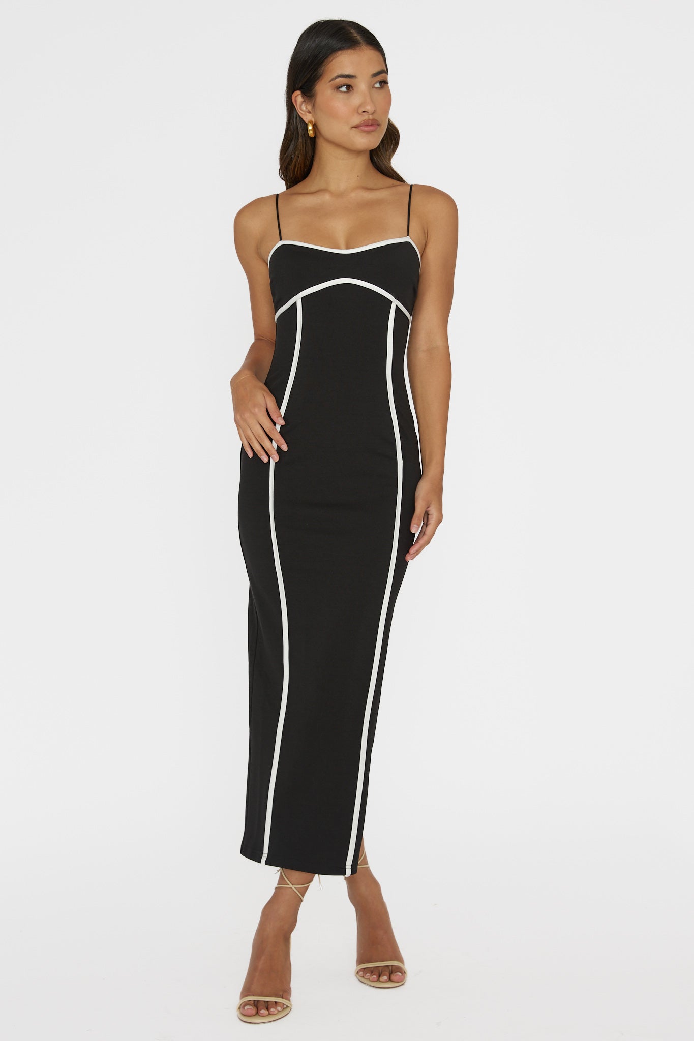 Justyna Contrast Piping Trim Midi Dress Black