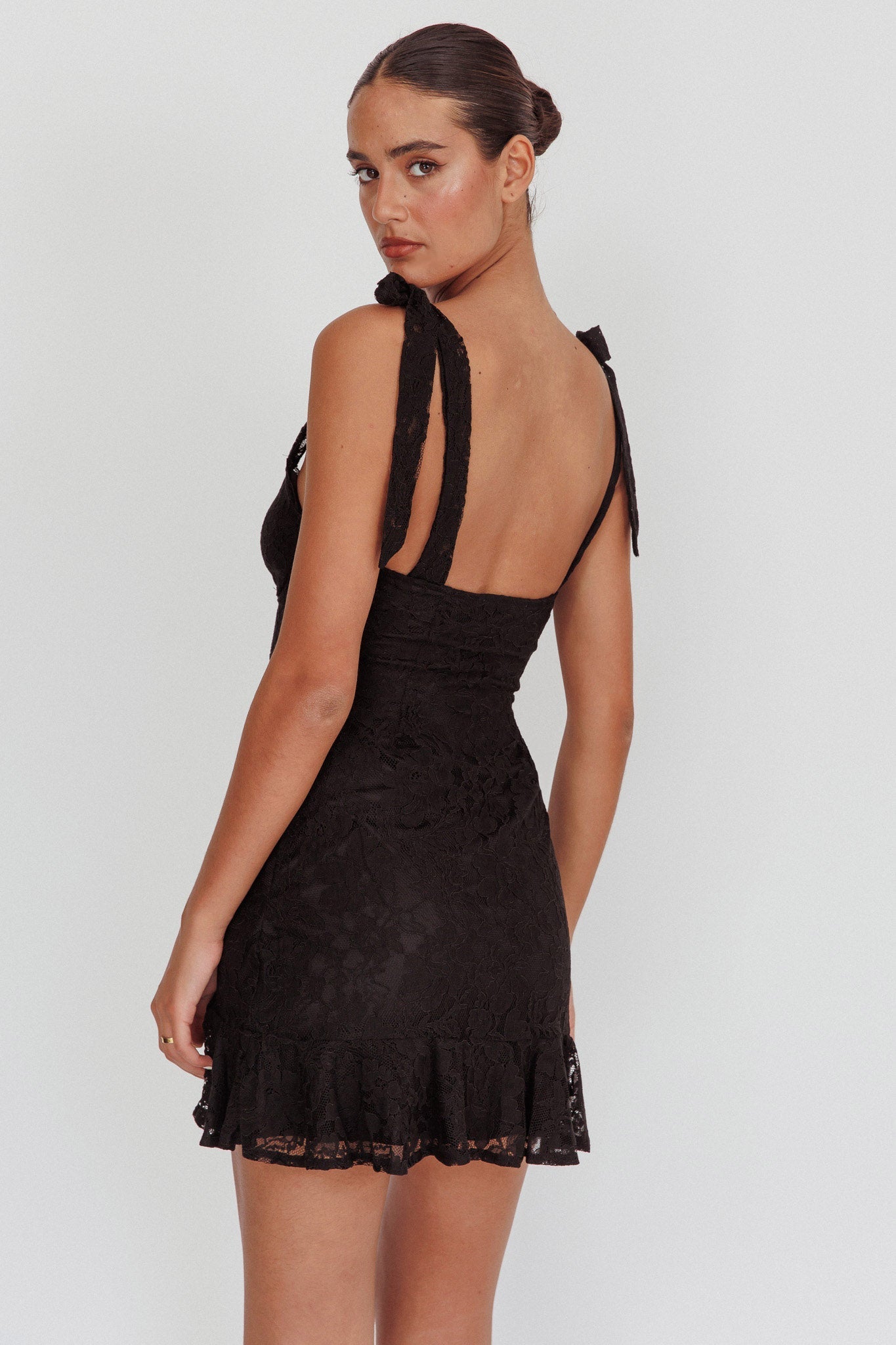 Emine Bow Shoulder Lace Mini Dress Black