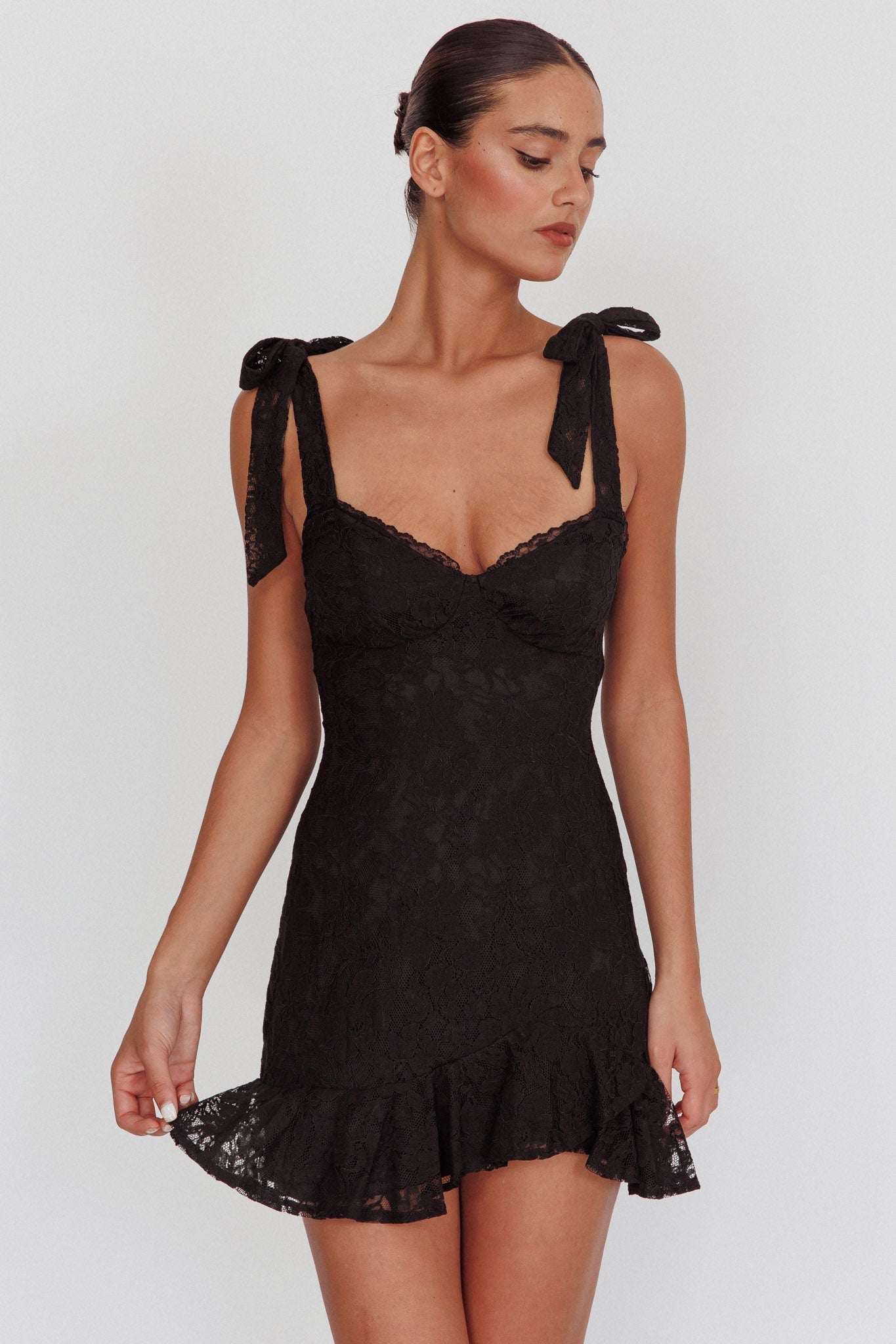 Emine Bow Shoulder Lace Mini Dress Black
