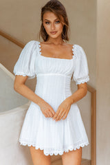 Chablis Gathered Bust Puff Sleeve Textured Mini Dress White