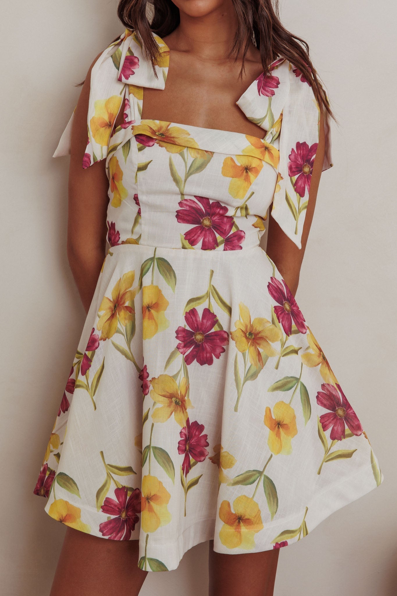 Jeanie Tied Shoulder Mini Dress Flower Purple