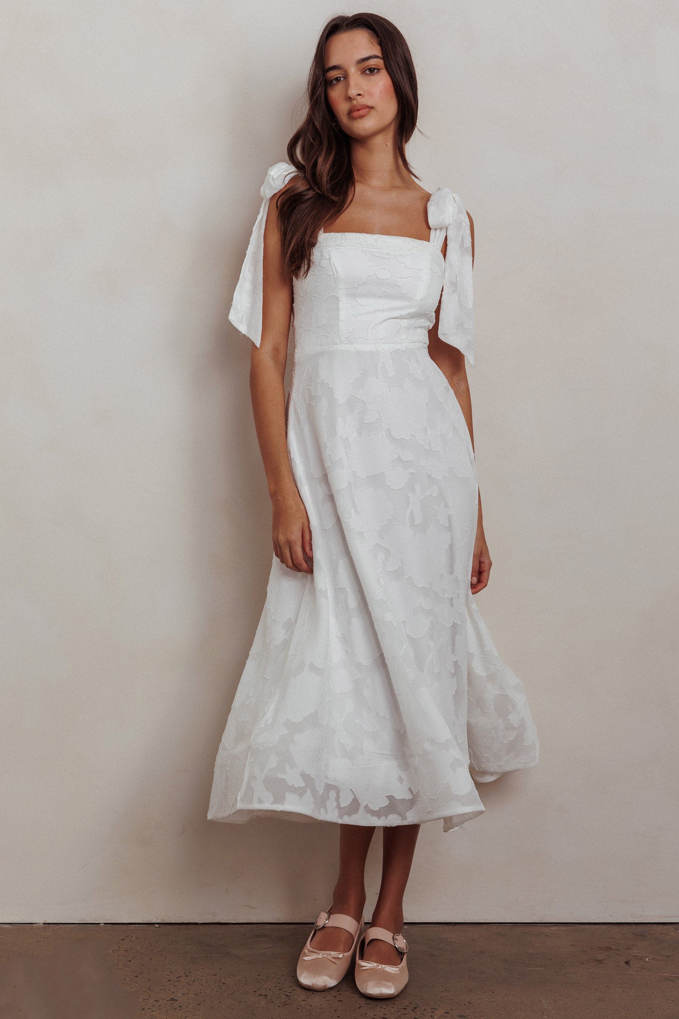 Jeanie Bow Shoulder Midi Dress Embossed White