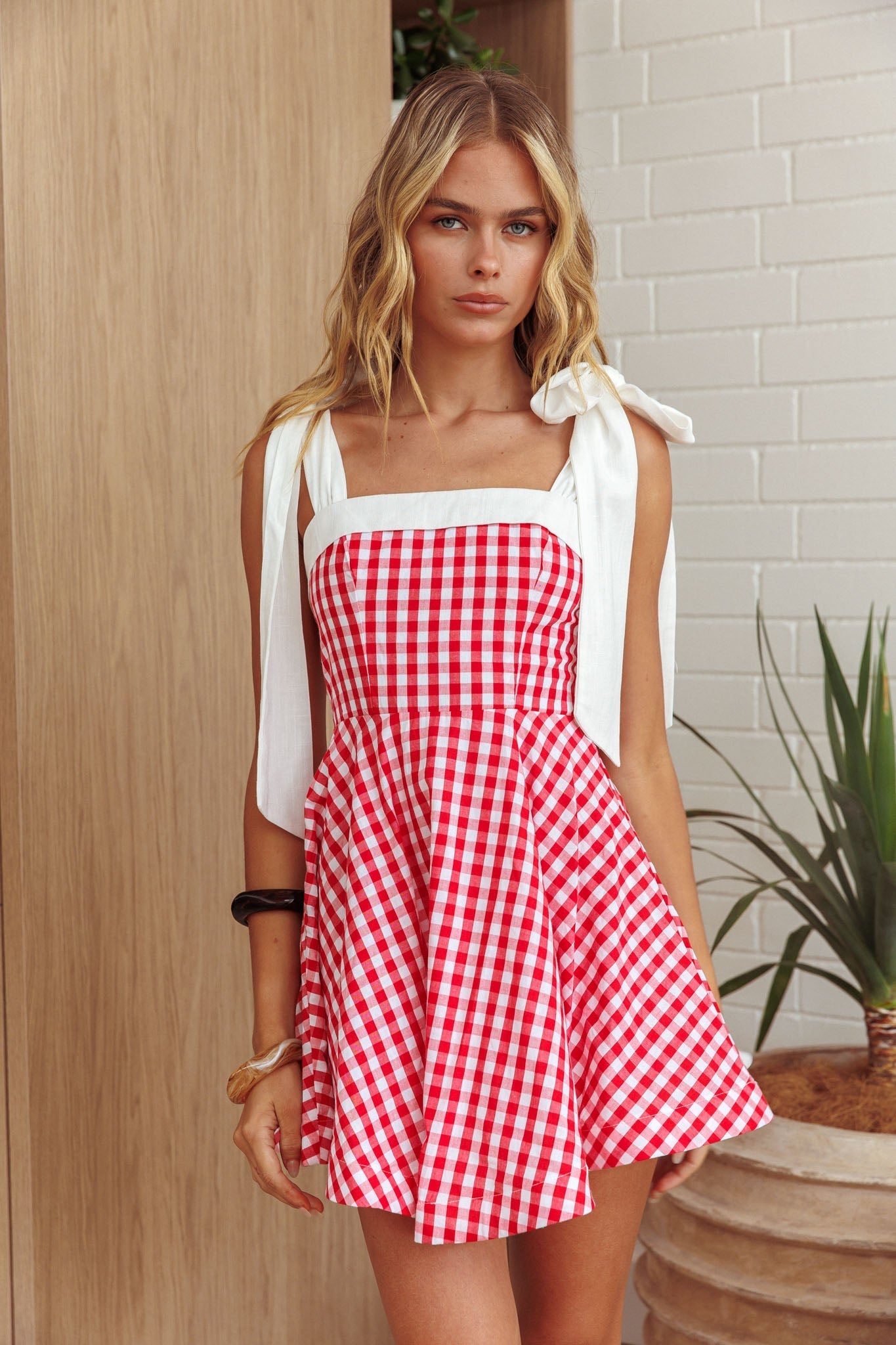 Jeanie Tied Shoulder Mini Dress Gingham Red