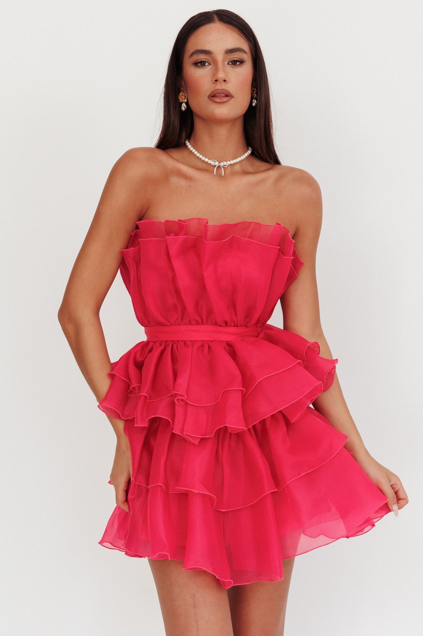 Bon Bon Tiered Chiffon Mini Dress Fuchsia
