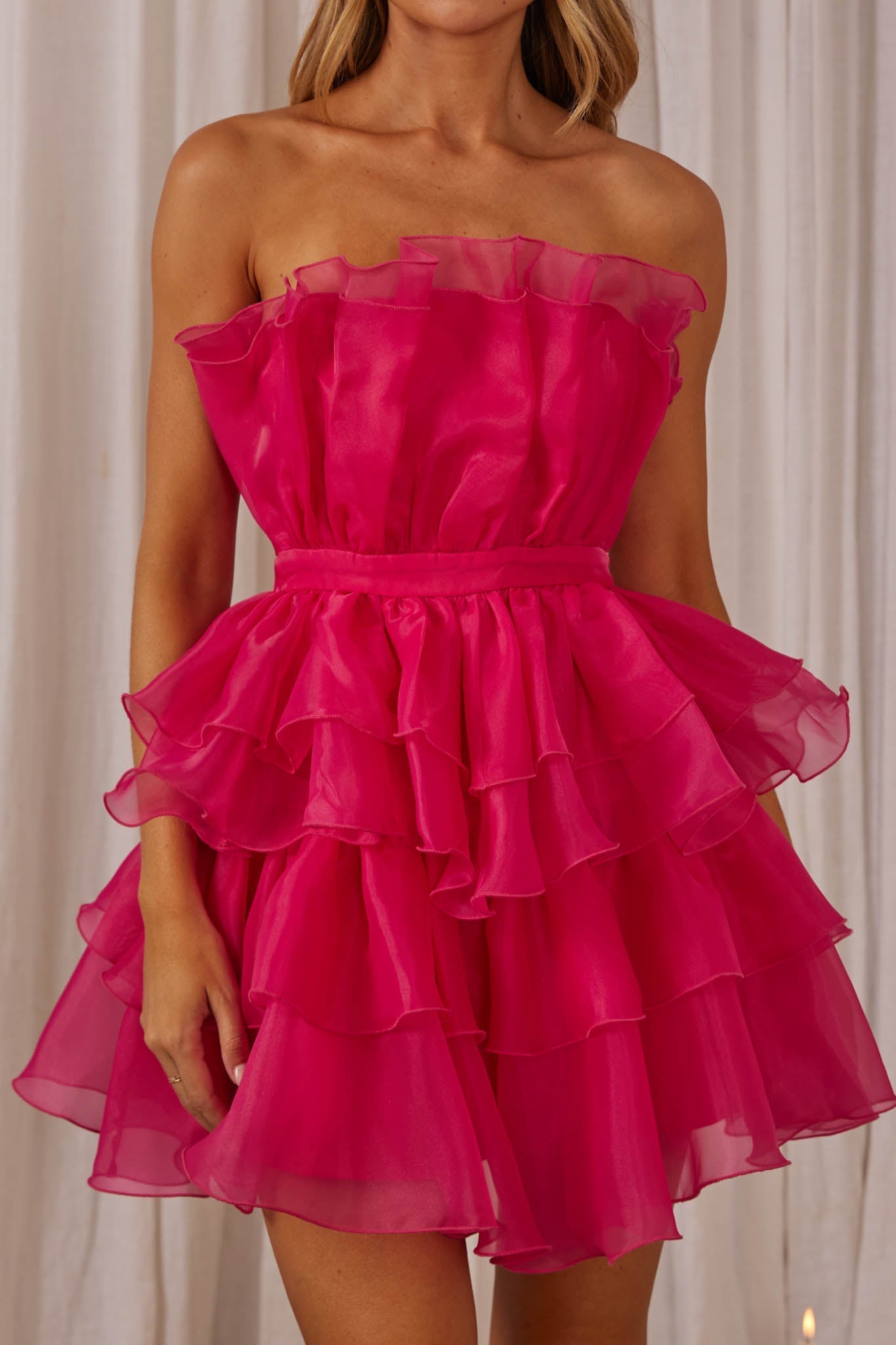 Bon Bon Tiered Chiffon Mini Dress Fuchsia