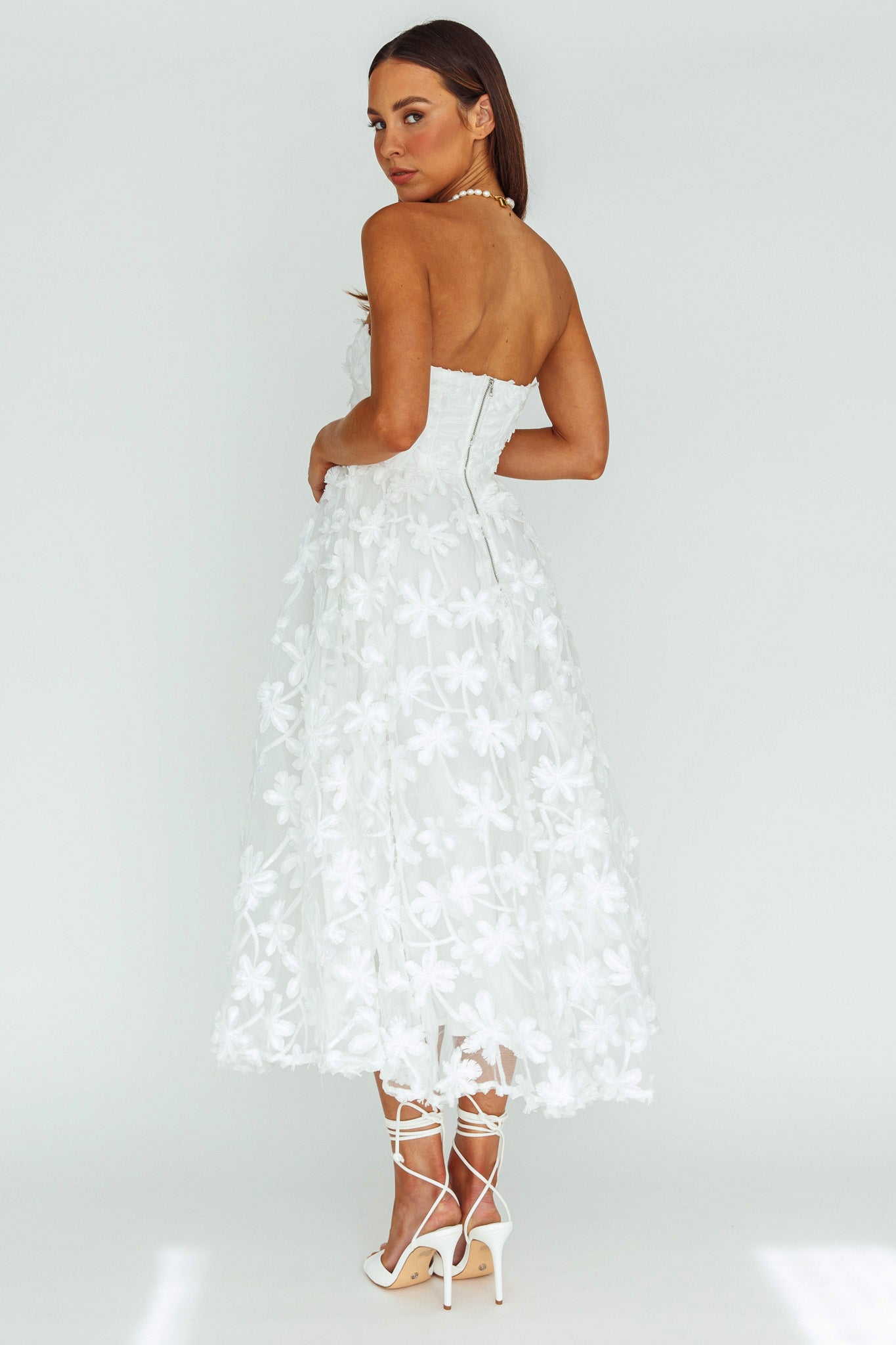 Dori Floral Embellished Midi Dress White