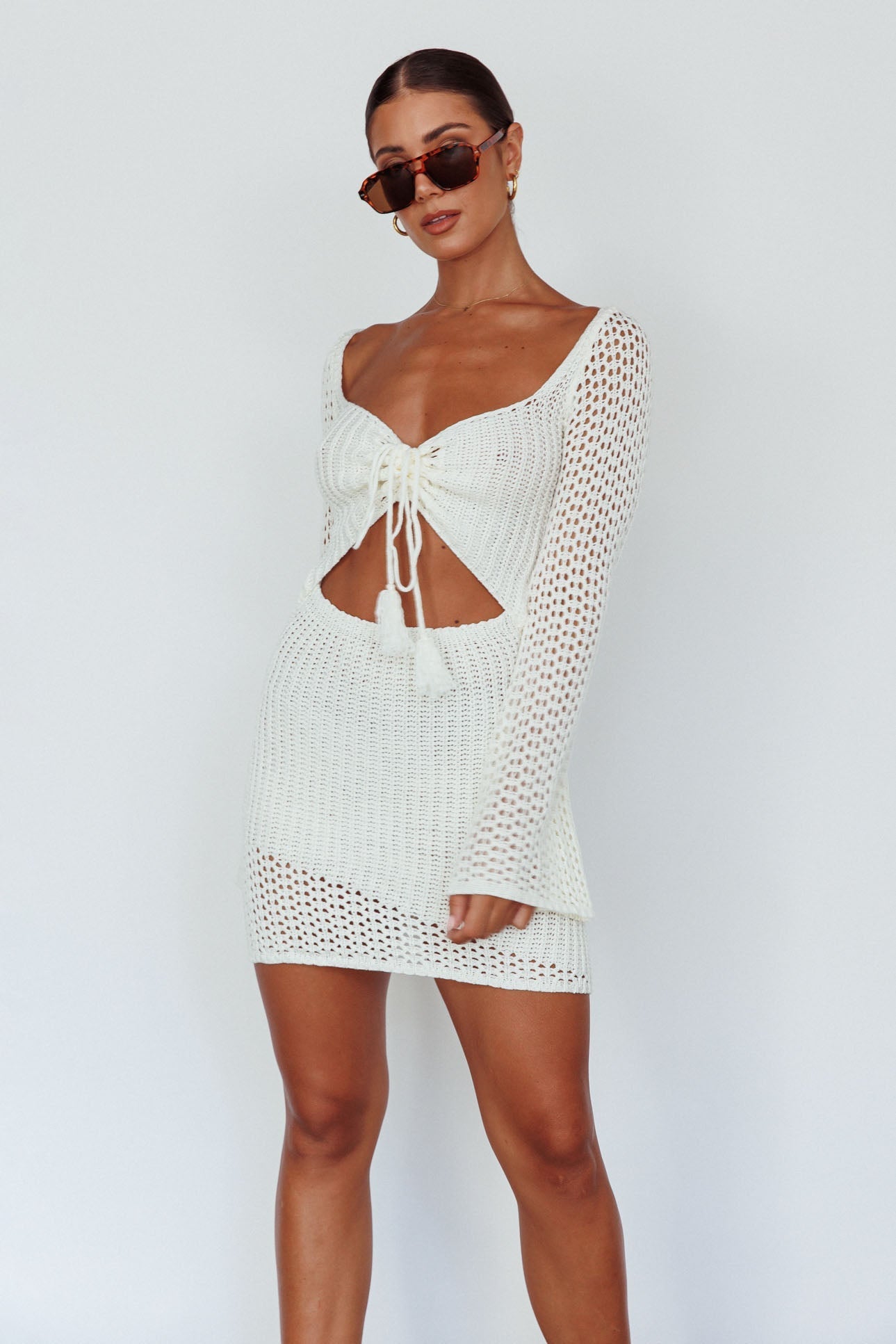 Jamaica Bell Sleeve Crochet Mini Dress White