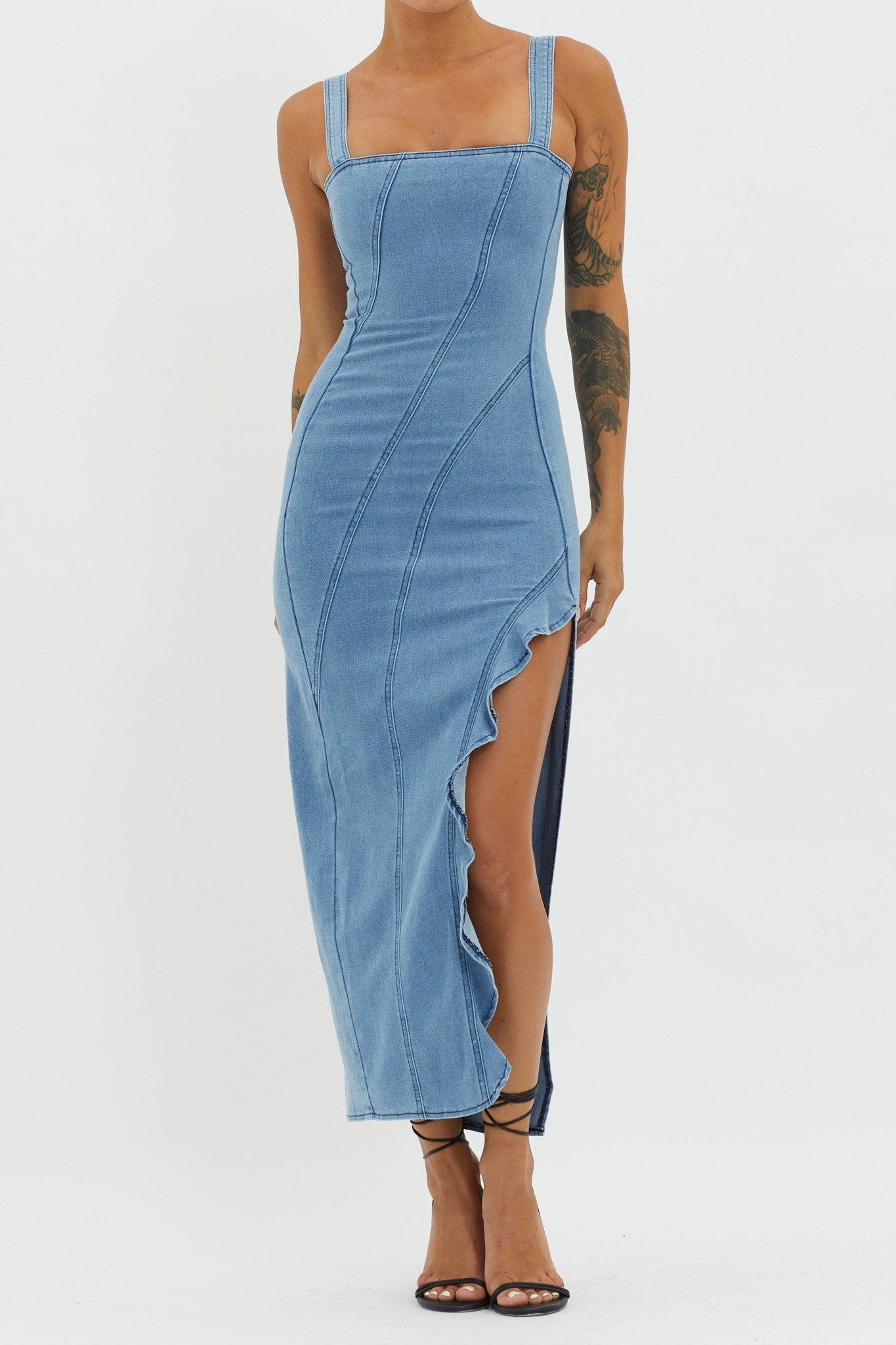 Catriona Ruffle Split Midi Dress Denim