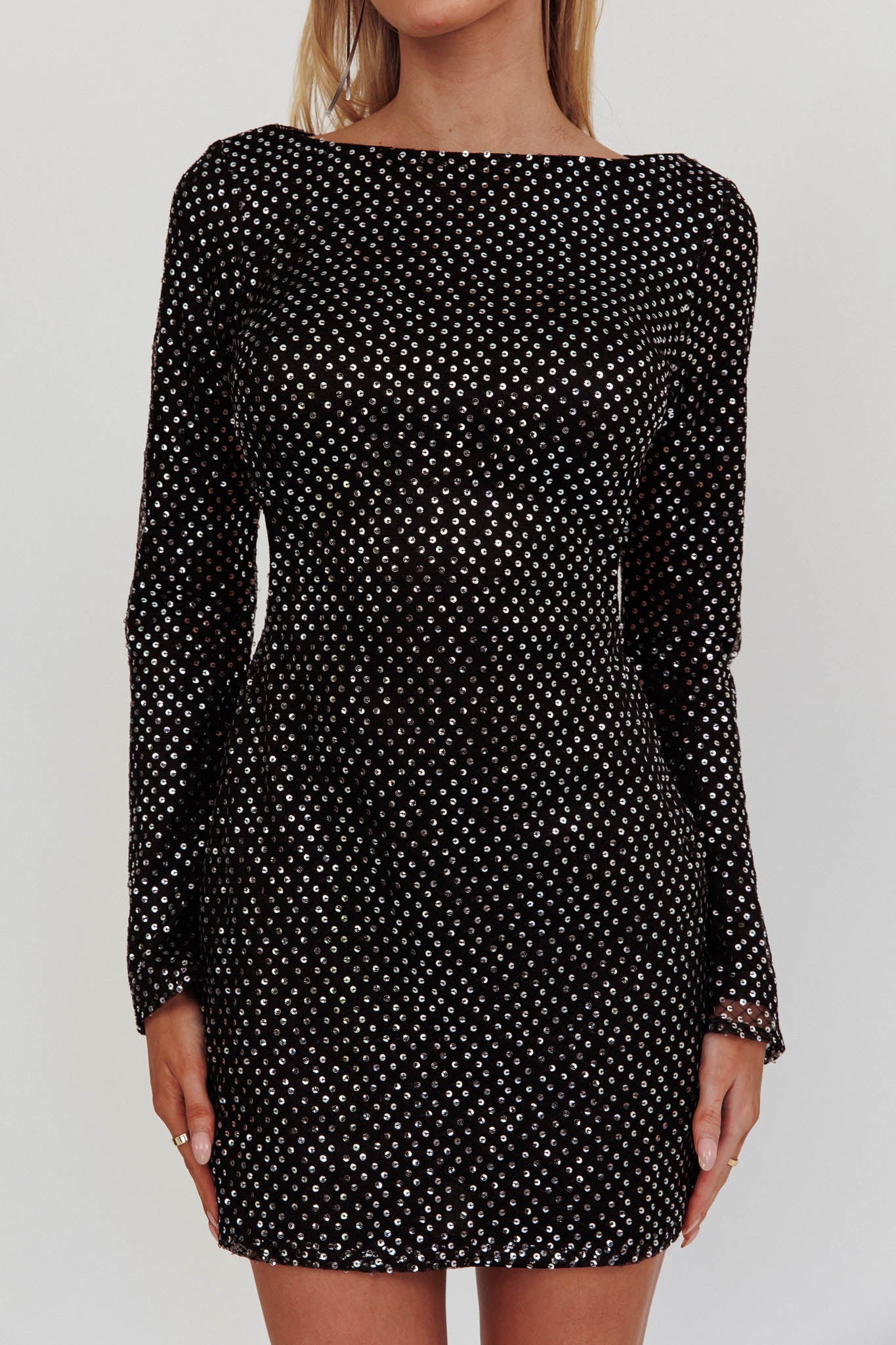 Lakshmi Long Sleeve Open Back Mini Dress Spangle Black