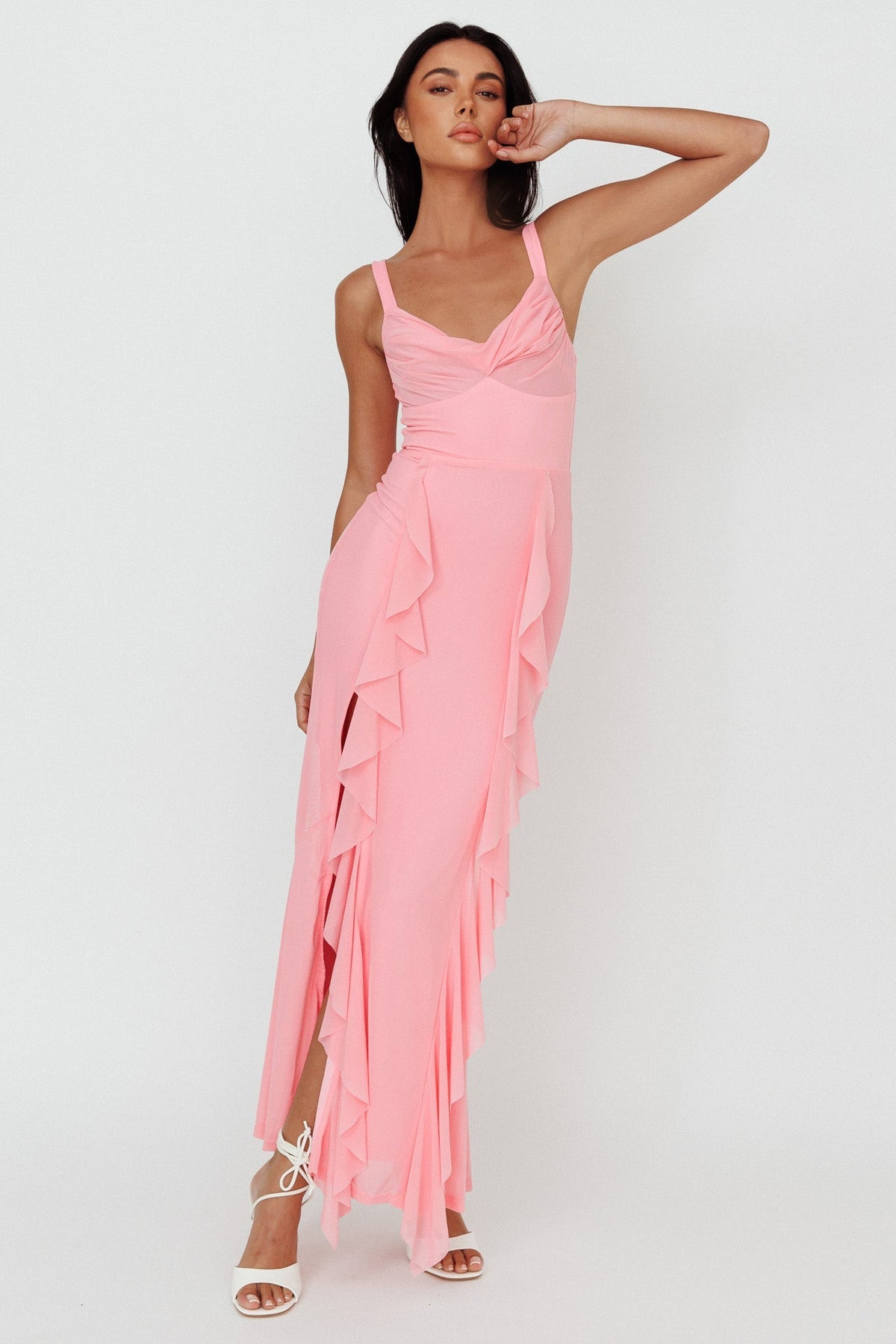 Hollianna Ruffle Trim Split Maxi Dress Blush