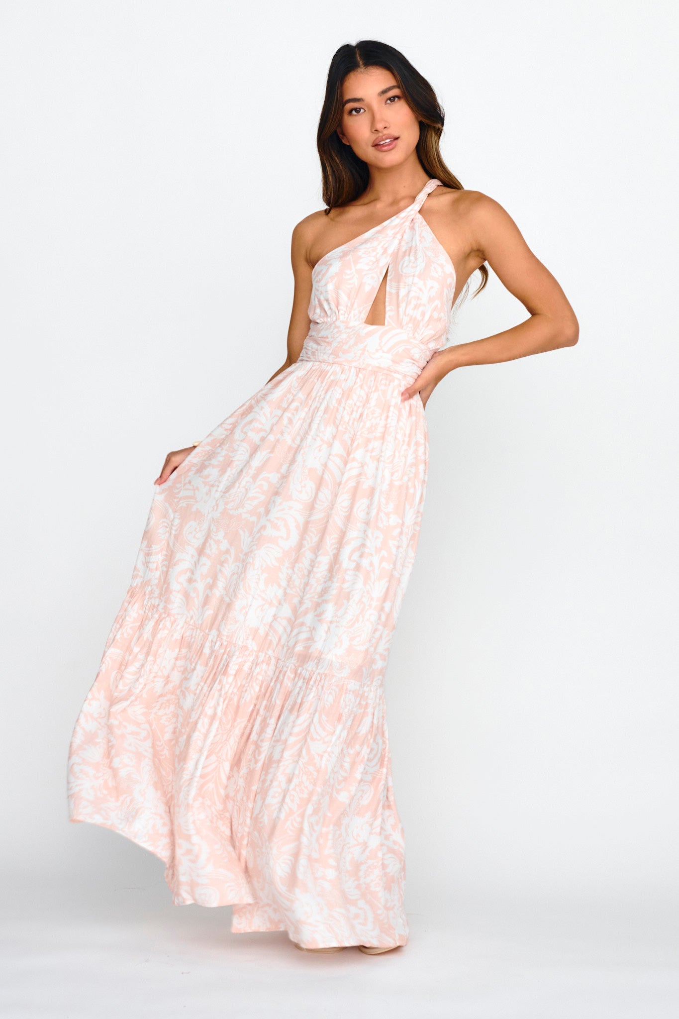 Kamali One-Shoulder Keyhole Maxi Dress Beige