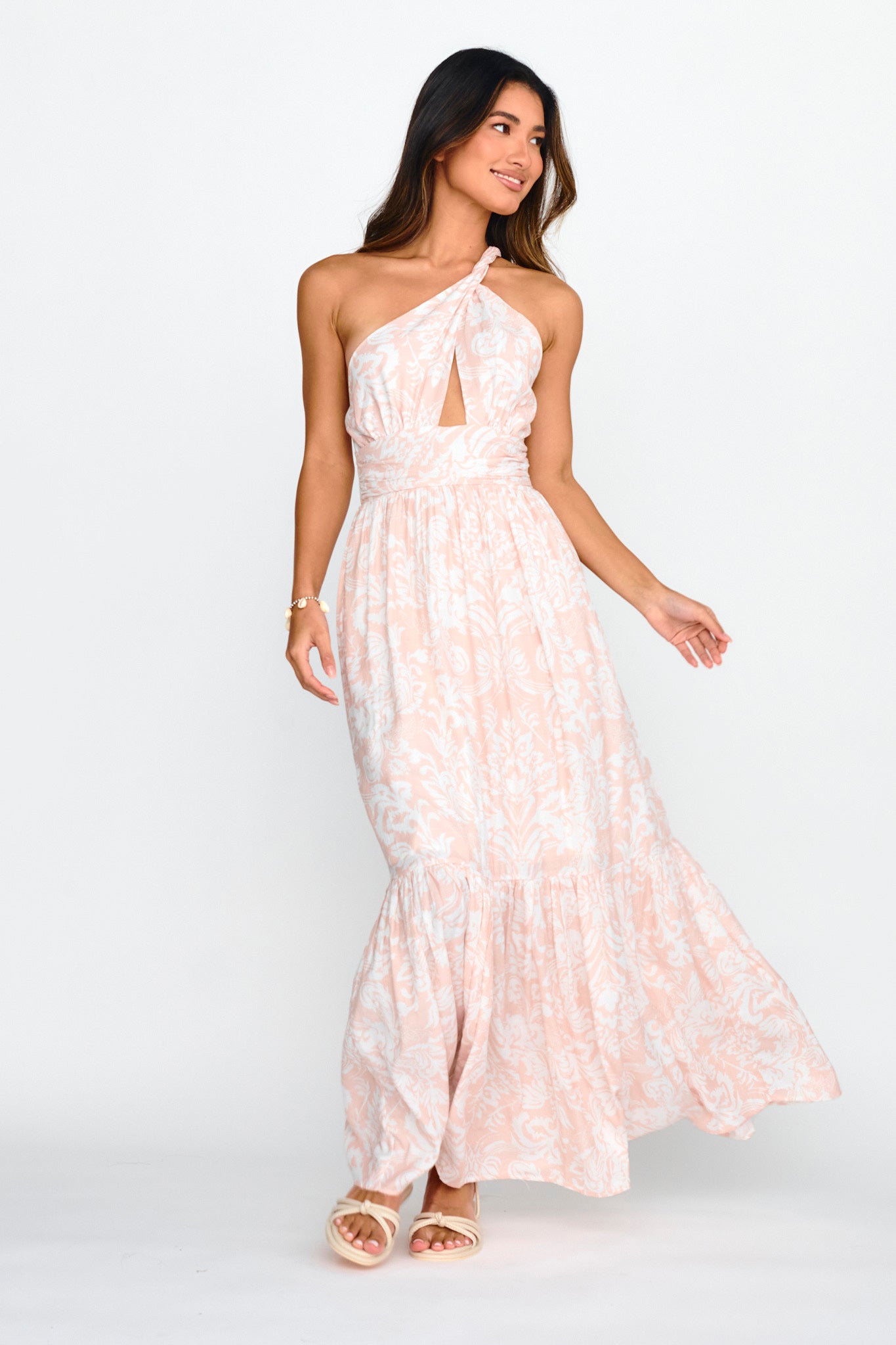 Kamali One-Shoulder Keyhole Maxi Dress Beige