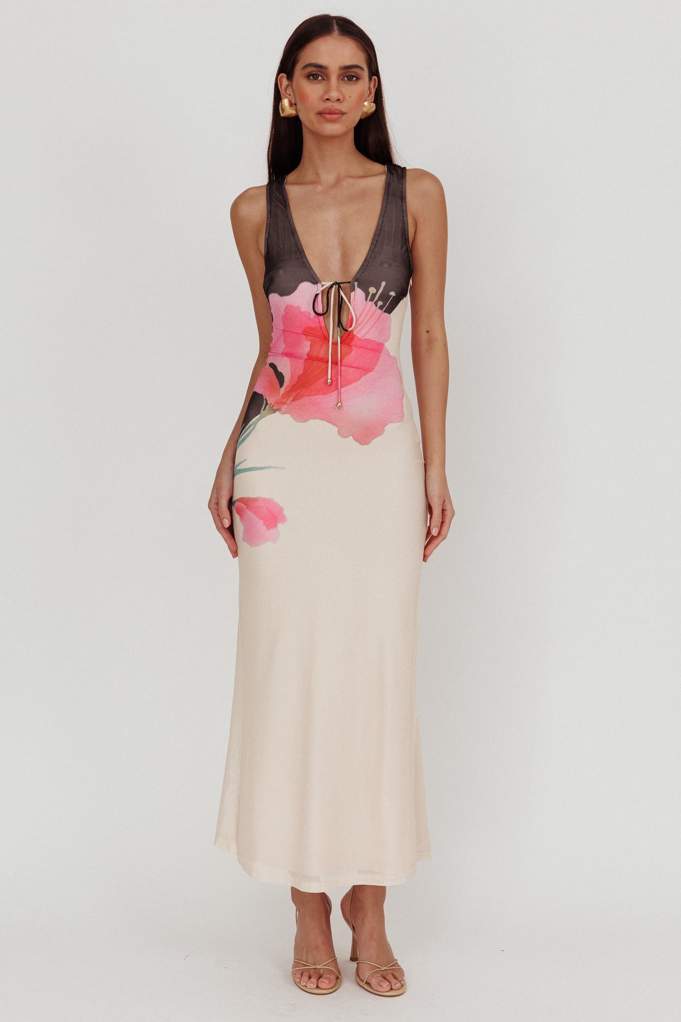 Cinders Tied Plunging Neckline Maxi Dress Flower Black