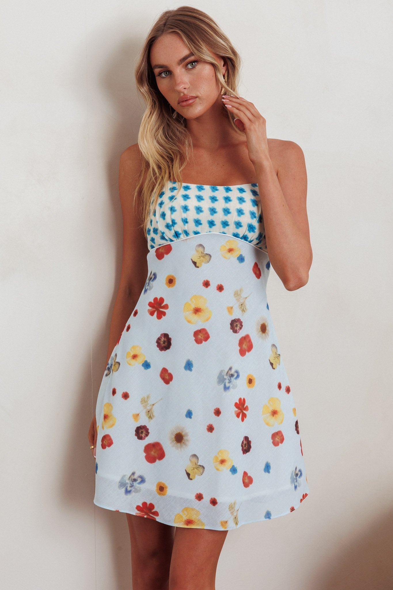 Fleur Sun Cami Strap Mini Dress Flowers Blue