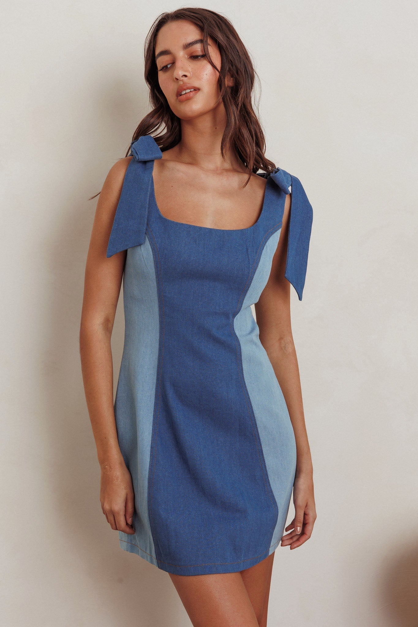 Kiss City Tied Shoulders Contrast Mini Dress Denim