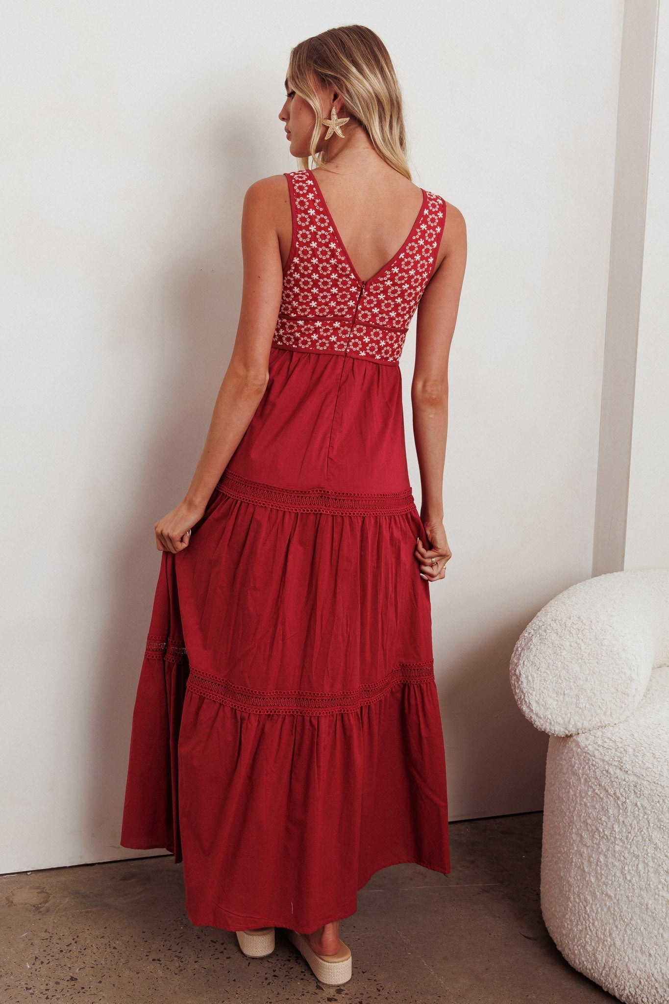 Joycelin V-Neck Eyelet Maxi Dress Red