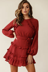 Dusk Long Sleeve Waist Tie Frill Dress Thin Stripe Wine