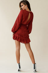 Dusk Long Sleeve Waist Tie Frill Dress Thin Stripe Wine