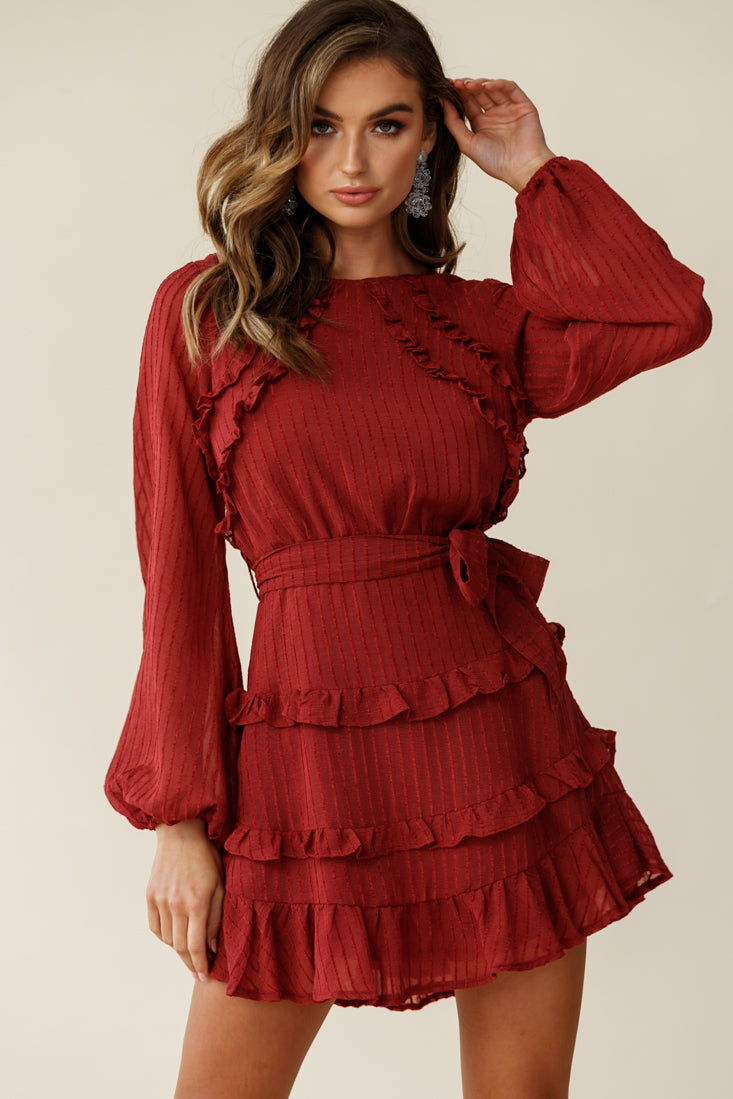 Dusk Long Sleeve Waist Tie Frill Dress Thin Stripe Wine