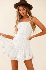 Eve Ruffle Hem Linen Blend Dress White/Mocha Stripe