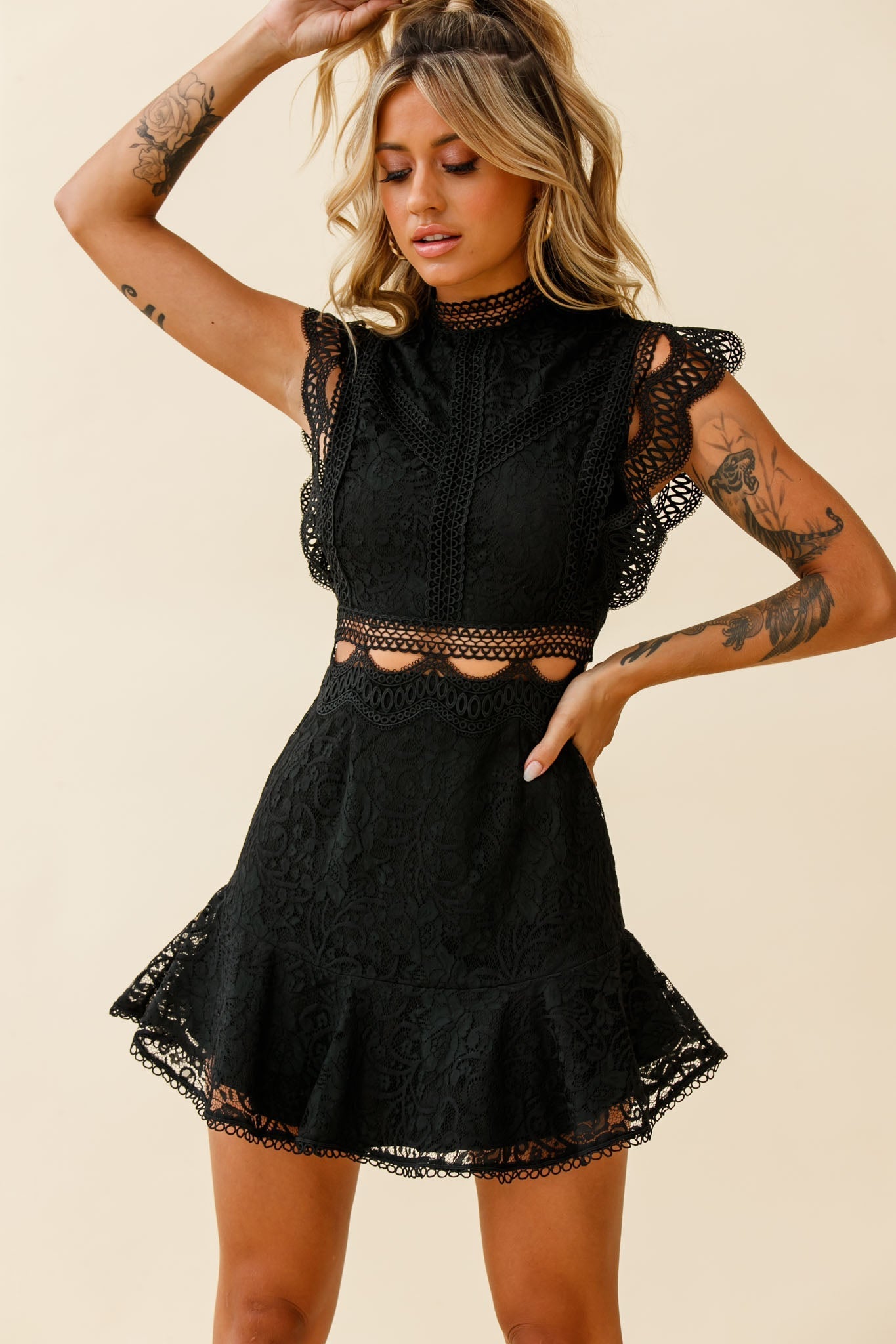 Elisha Crochet Detail Lace Overlay Dress Black