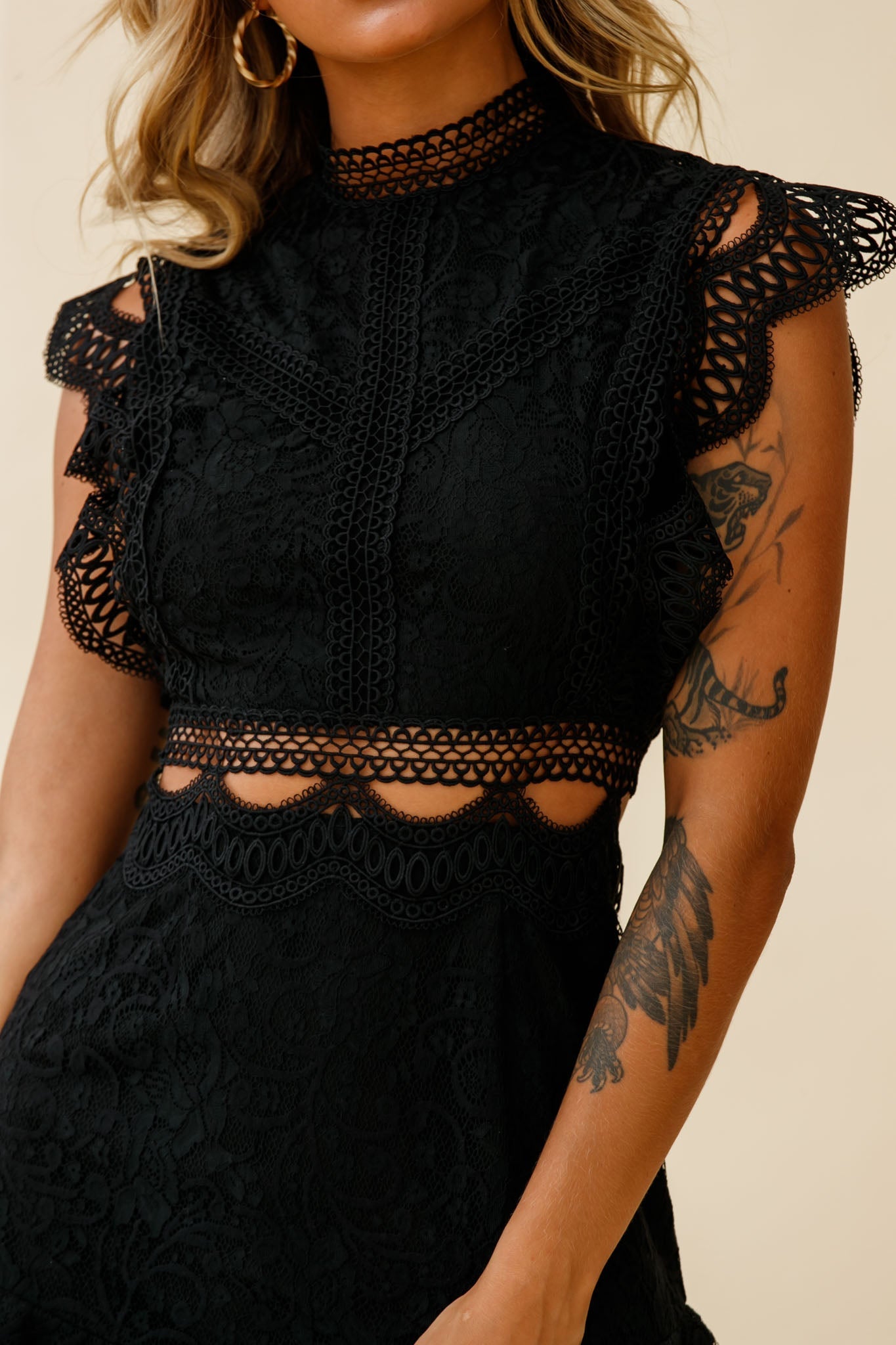 Elisha Crochet Detail Lace Overlay Dress Black