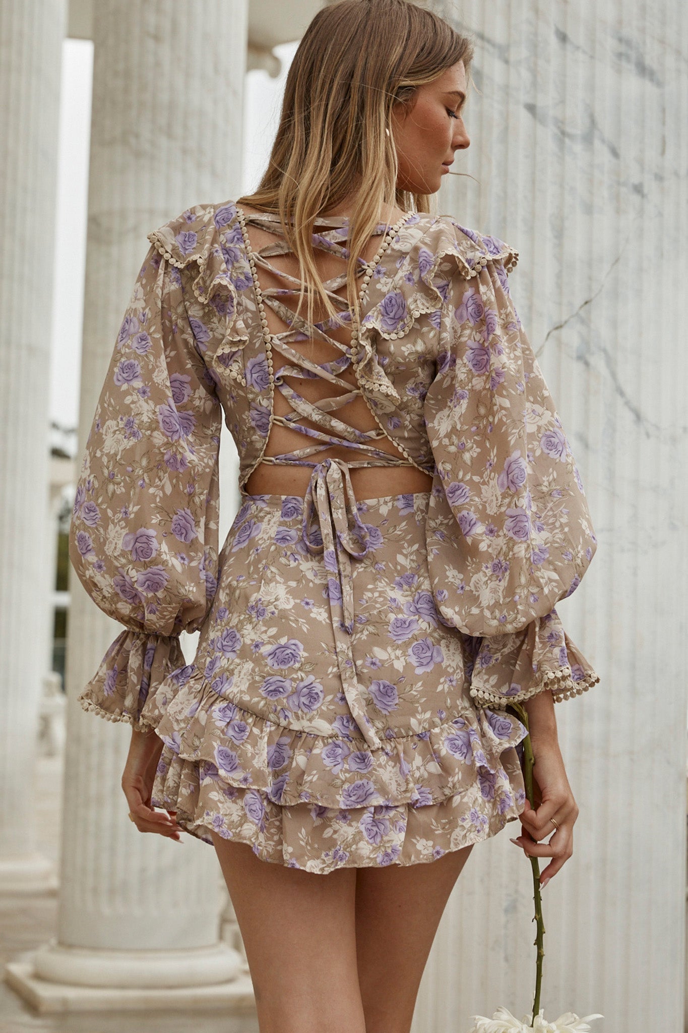 Charade Long Sleeve Corset Back Dress Floral Print Lilac