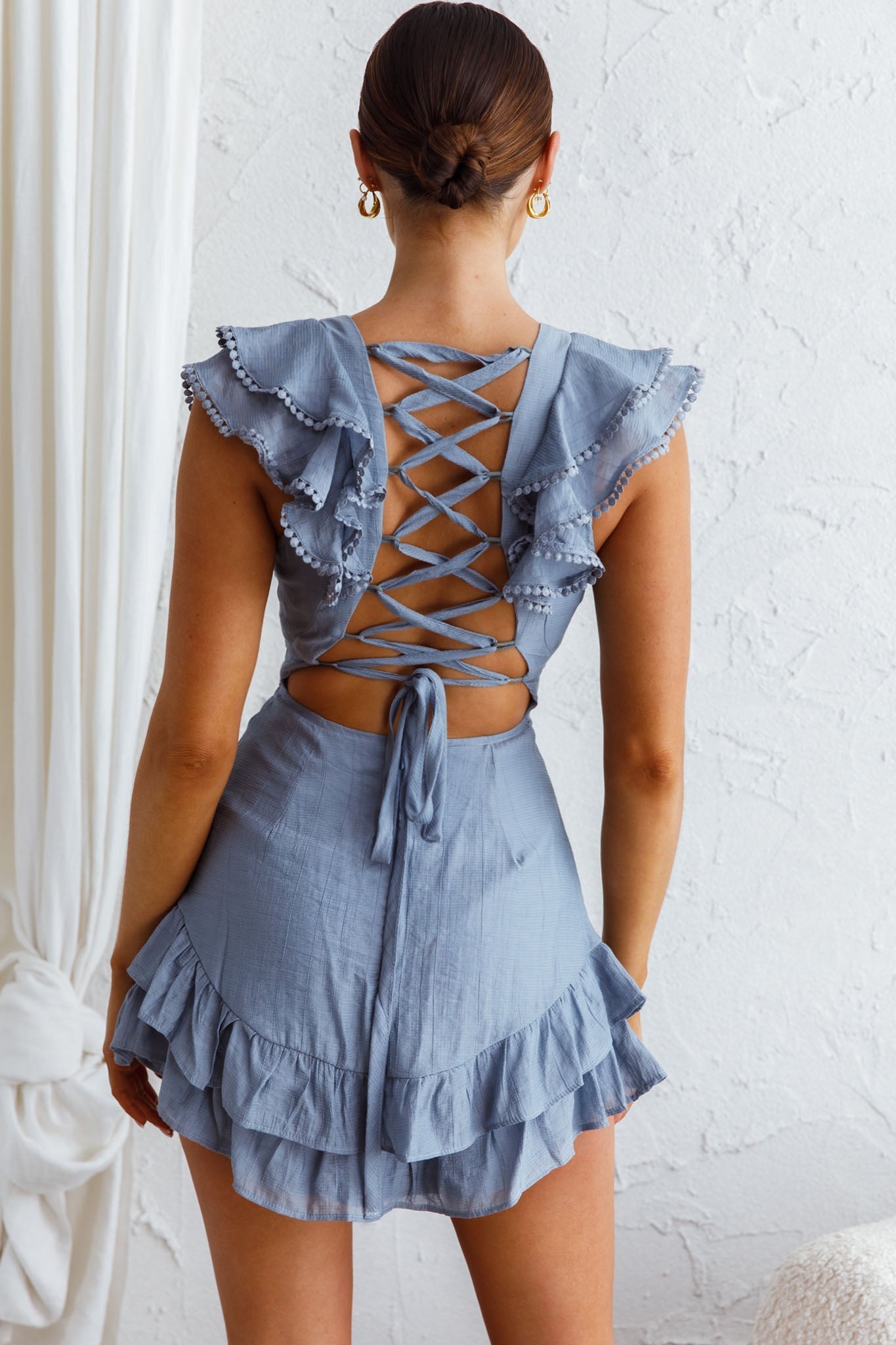 Charade Ruffle Shoulder Corset Back Dress Midnight Blue