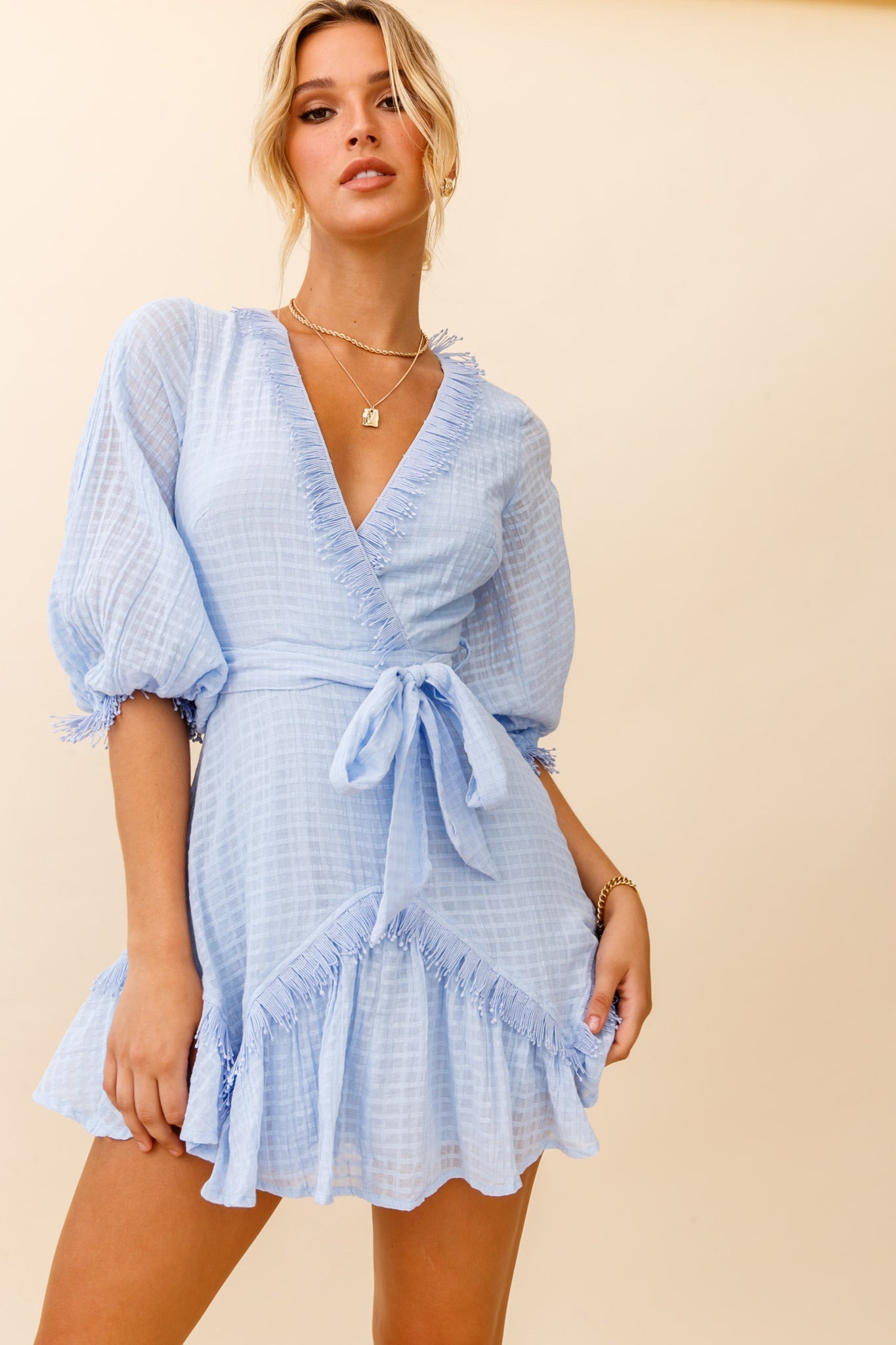 Flyin' Solo Fringe Trim Waist Tie Dress Steel Blue