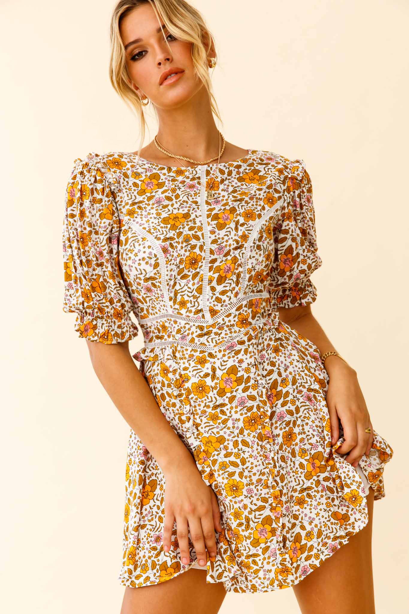 First Impressions Puff Sleeve Keyhole Back Dress Floral Print White/Yellow