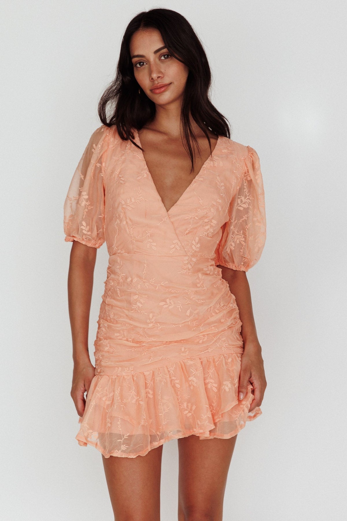 Cherry Blossom Puff Sleeve Wide Ruffle Hem Dress Orange