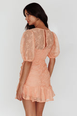 Cherry Blossom Puff Sleeve Wide Ruffle Hem Dress Orange