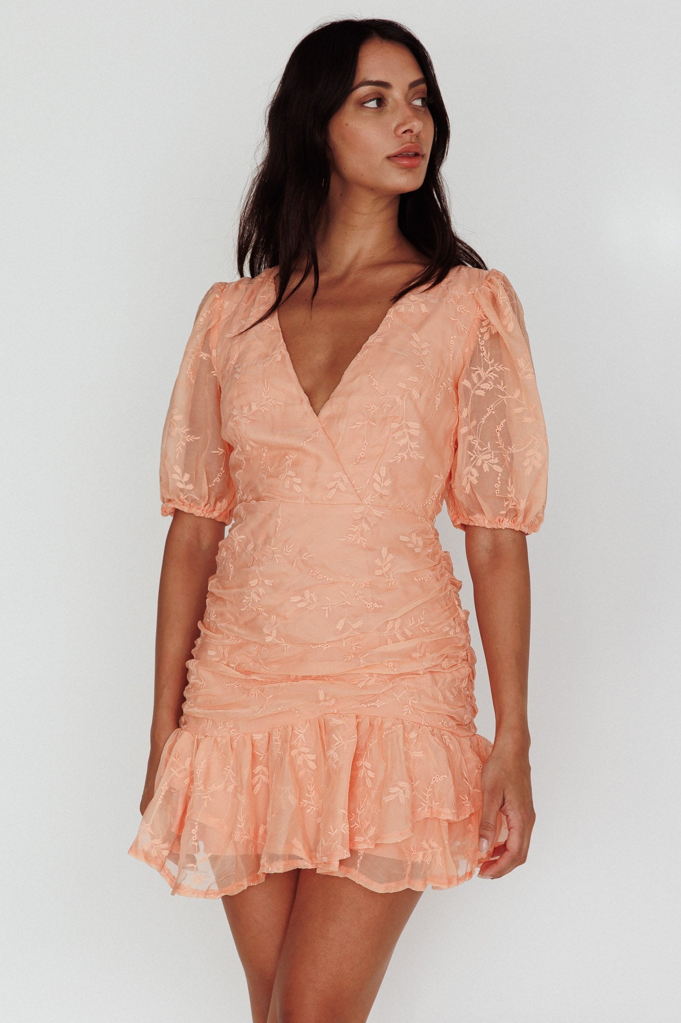 Cherry Blossom Puff Sleeve Wide Ruffle Hem Dress Orange