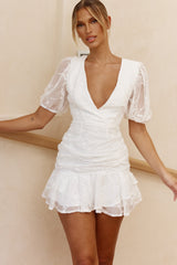 Cherry Blossom Puff Sleeve Wide Ruffle Hem Dress White