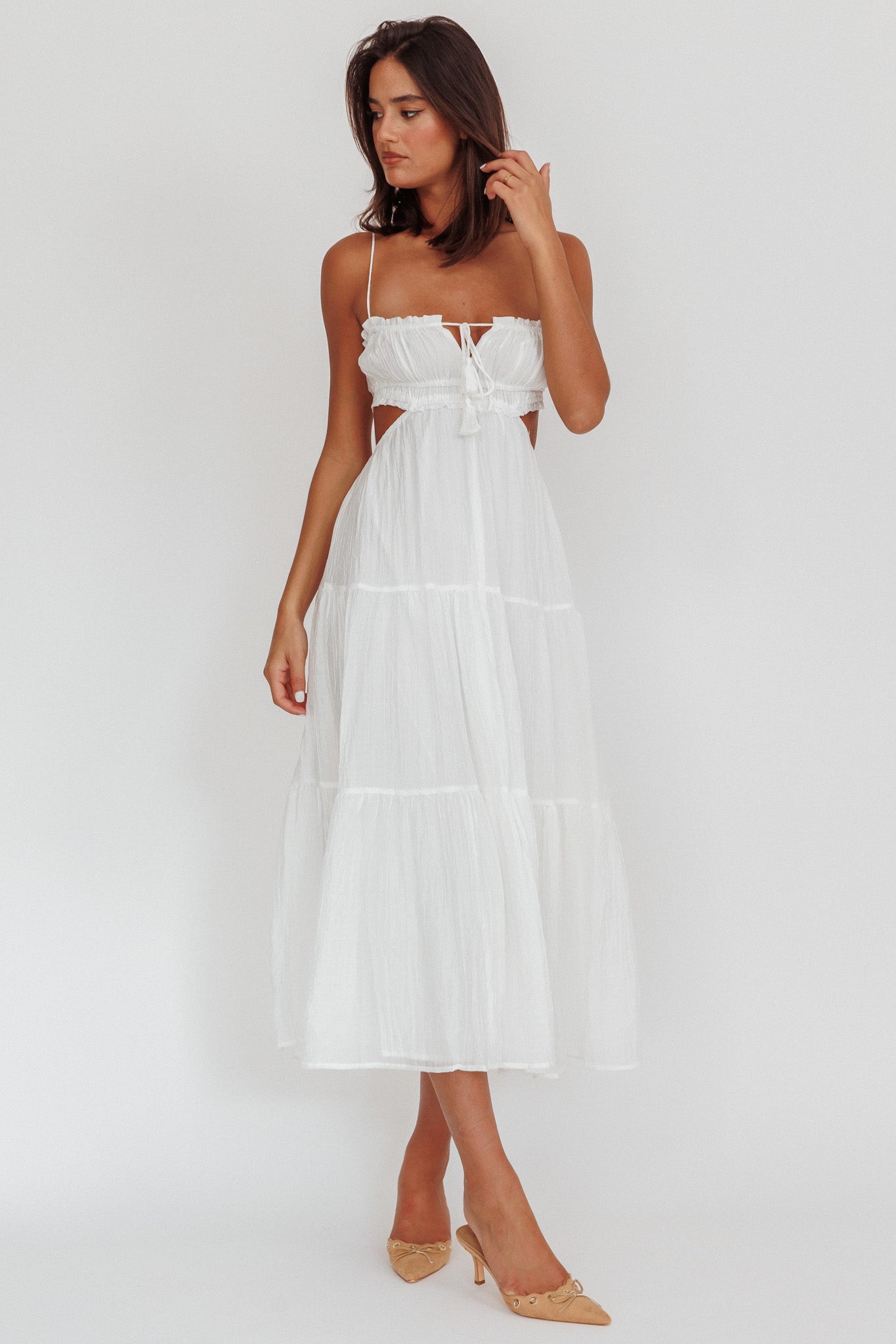 Eyona Cut-Out Waist Tie Maxi Dress White