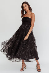 Fayette Strapless Mesh Midi Dress Embellished Black