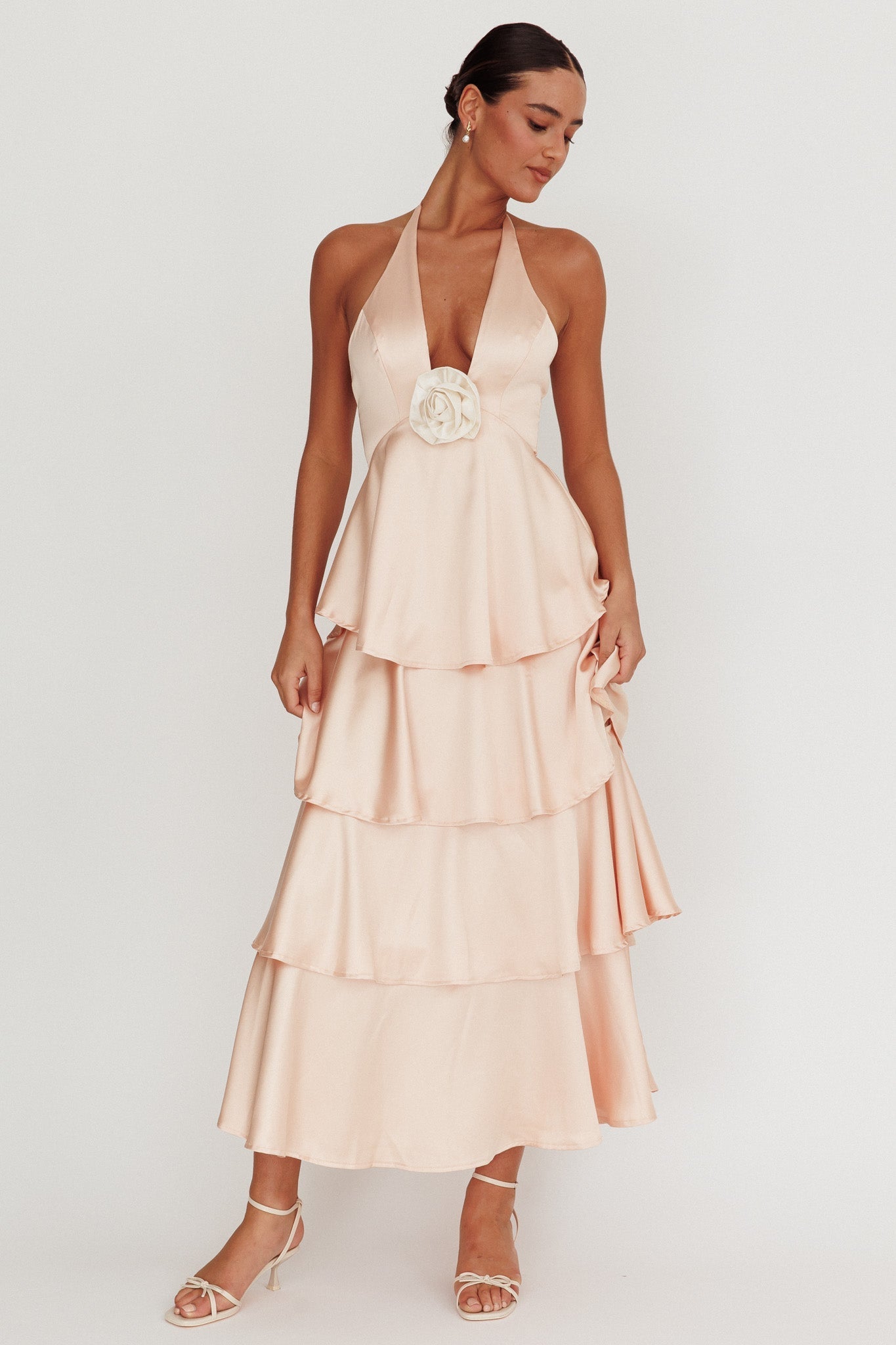 Catalina Tiered Ruffle Rosette Maxi Dress Peach