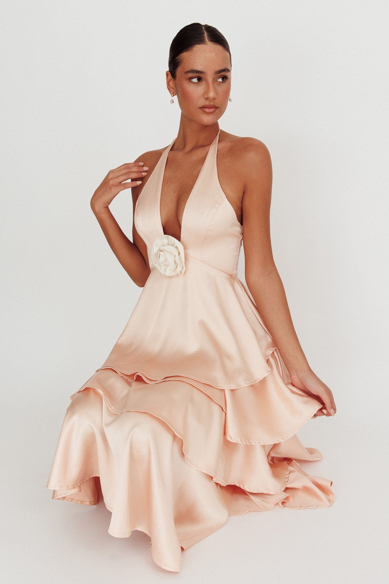 Catalina Tiered Ruffle Rosette Maxi Dress Peach