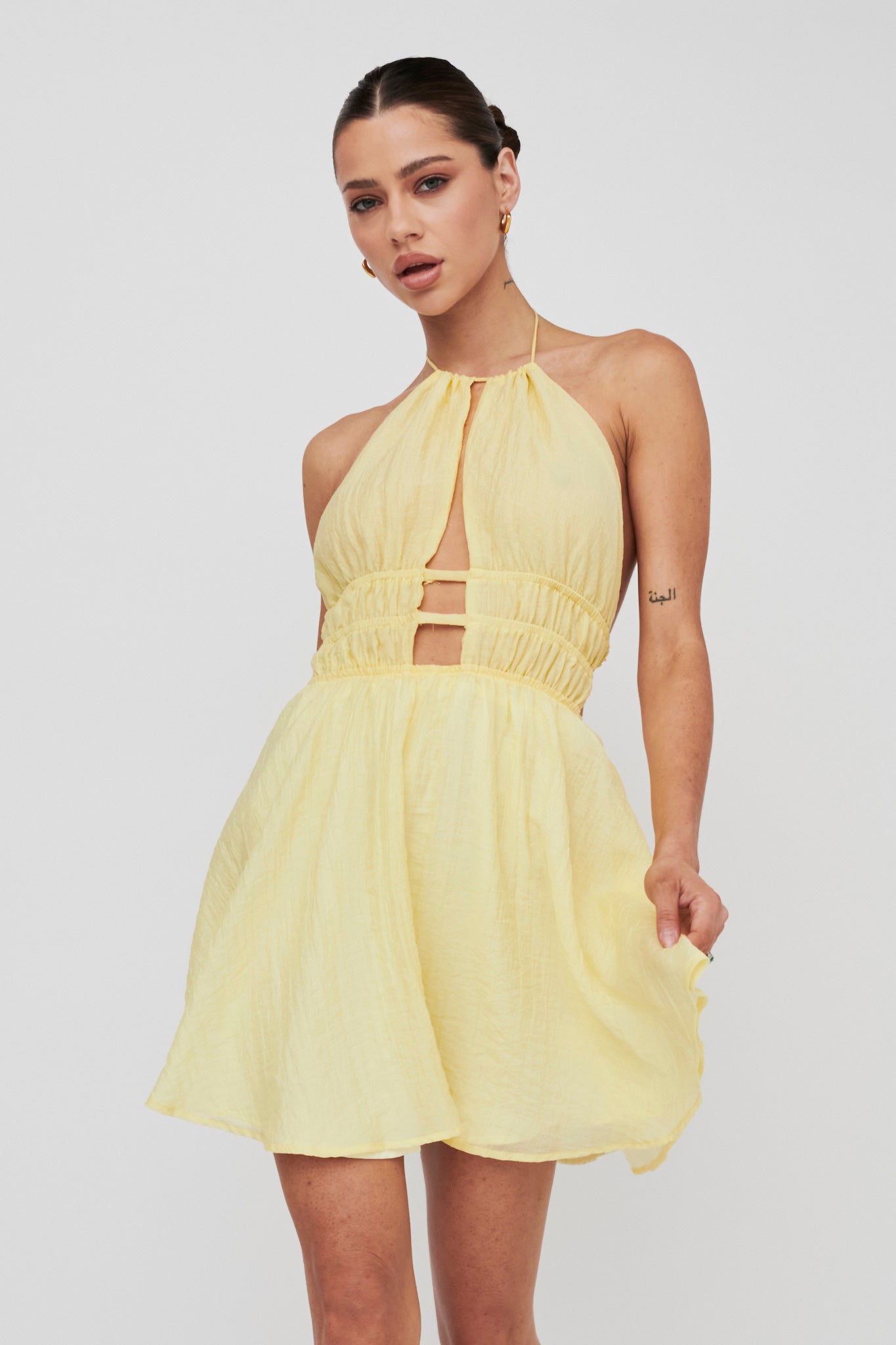 Cyndi Open Back Halterneck Mini Dress Lemon
