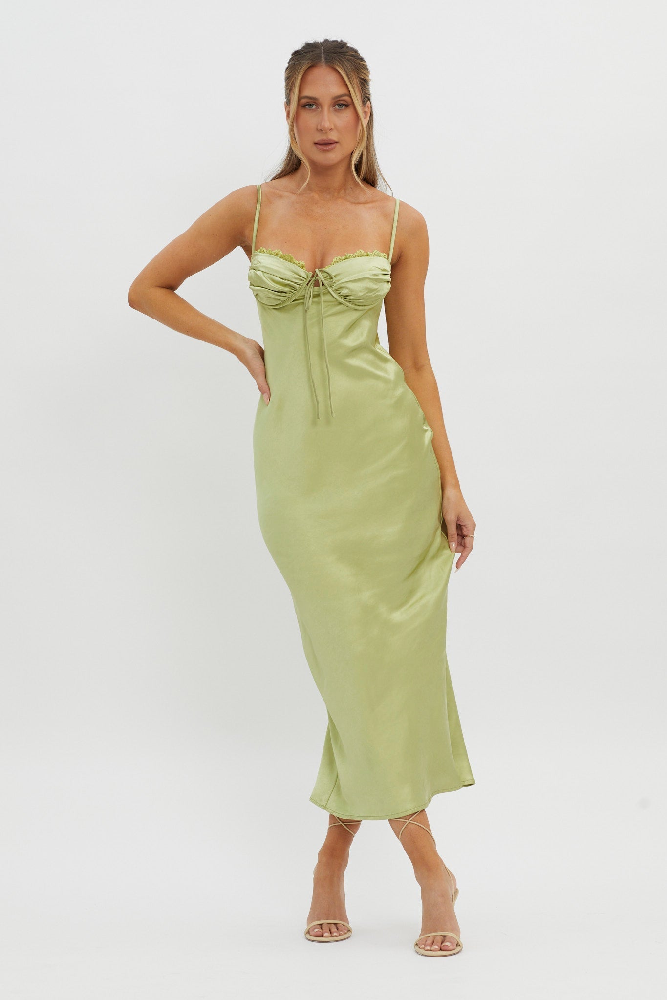 Fortune Lace Trim Bust Tie Midi Dress Lime