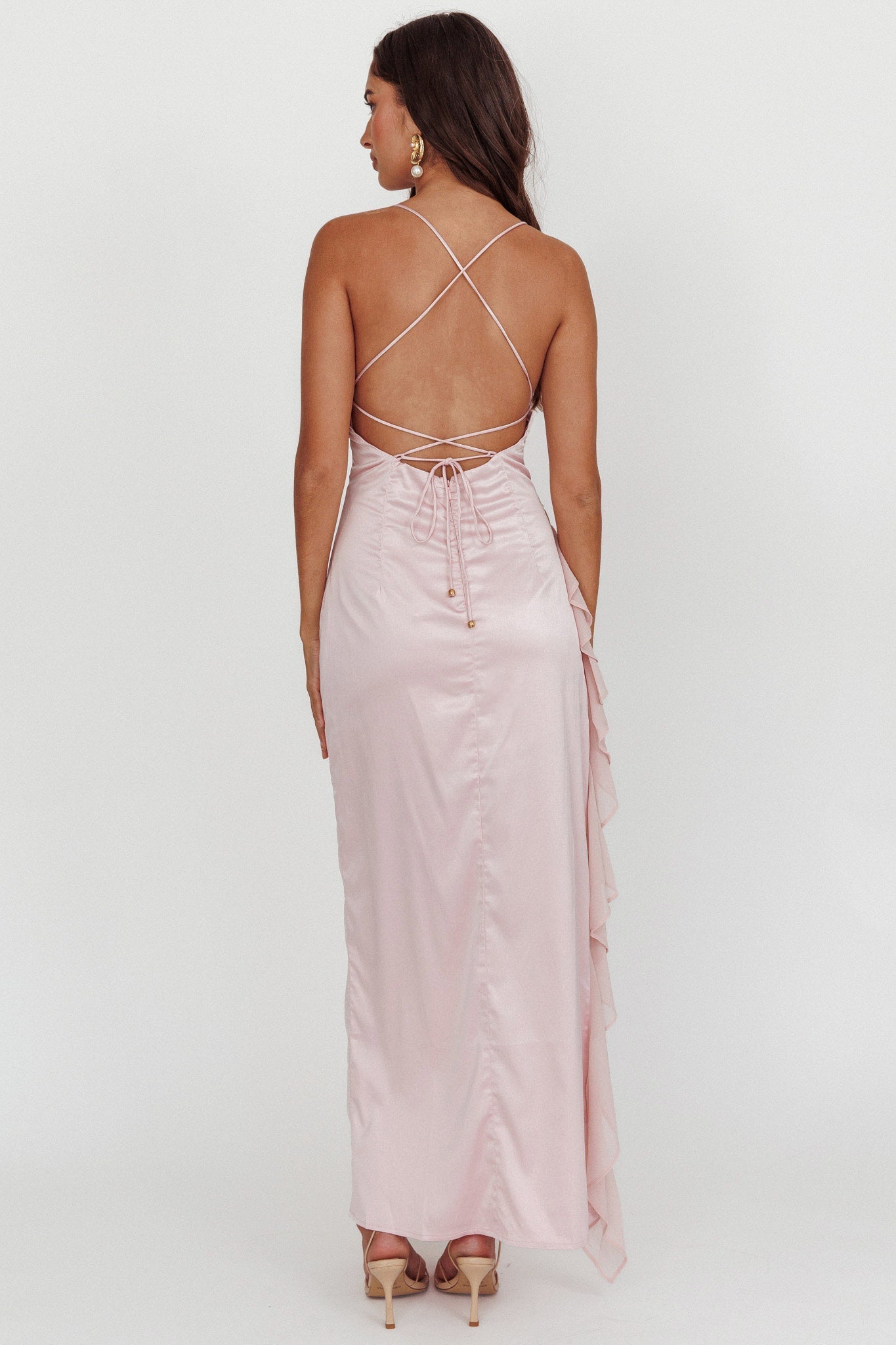 Katarina Satin Ruffle Hem Maxi Dress Cheek