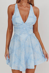 Lavalle Criss-Cross Floral Embellished Mini Dress Blue