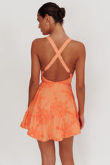 Lavalle Criss-Cross Floral Embellished Mini Dress Orange